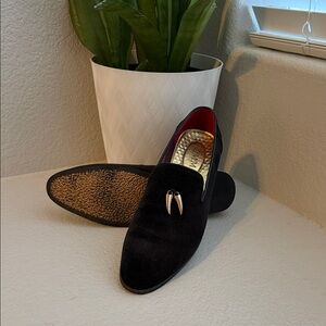 Beautiful Italian Black Suede Loafers with gold Accent